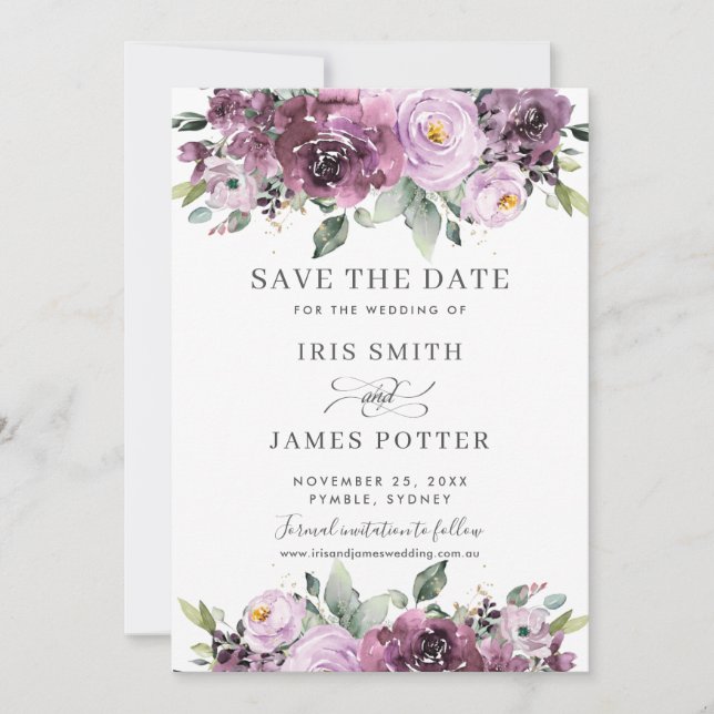 Save The Date Mariage Floral Élégant Violet Mauve  (Devant)