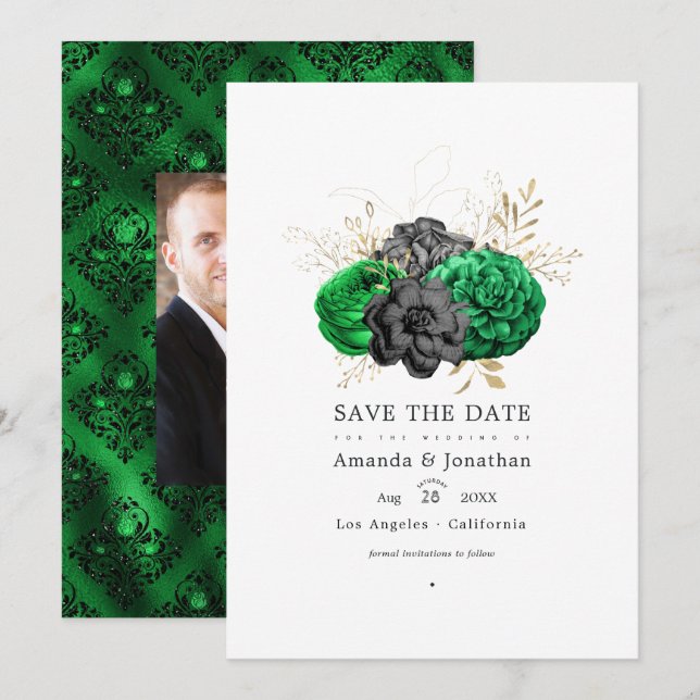 Save The Date Mariage floral Émeraude et Or foncé (Devant / Derrière)