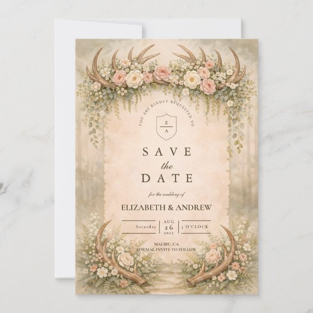 Save The Date Mariage Floral en Forêt avec Bois de Cerf (Devant)