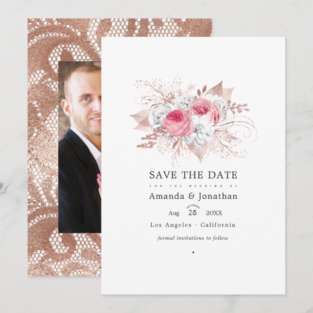 Save The Date Mariage floral en rose et or rose avec dentelle (Devant / Derrière)