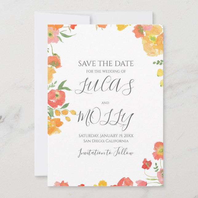 Save The Date Mariage Floral Estival Rose et Orange (Devant)