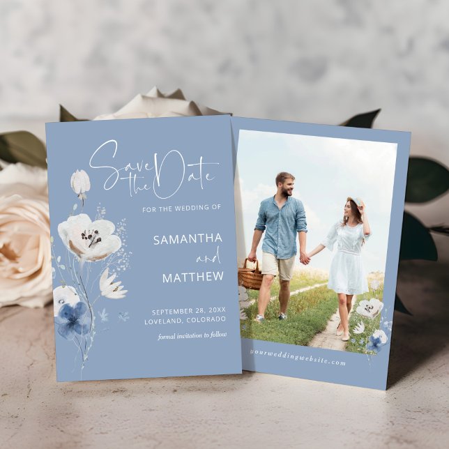 Save The Date Mariage Floral Fleur Sauvage Bleu Poussiéreux (Créateur téléchargé)