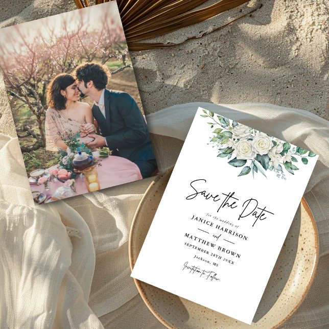 Save The Date Mariage Floral Fleurs Vertes Rose Blanche Élégante (White rose greenery photo save the date shares your story with elegant charm and warmth.)