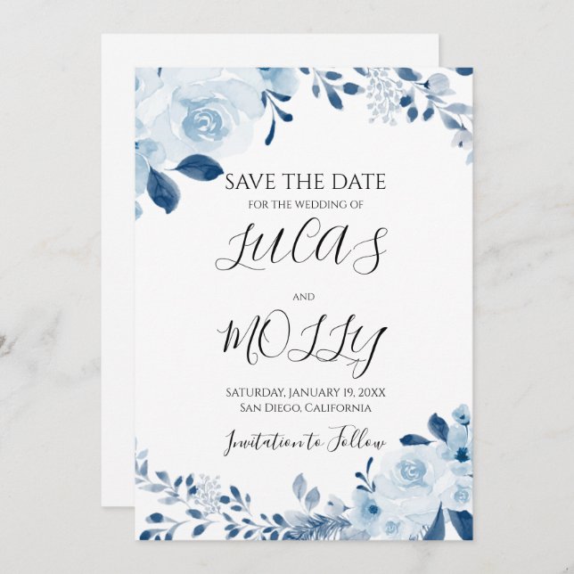 Save The Date Mariage Floral Français Bleu Moderne (Devant / Derrière)