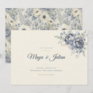 Save The Date Mariage Floral Français Élégant aux Pivoines Bleu