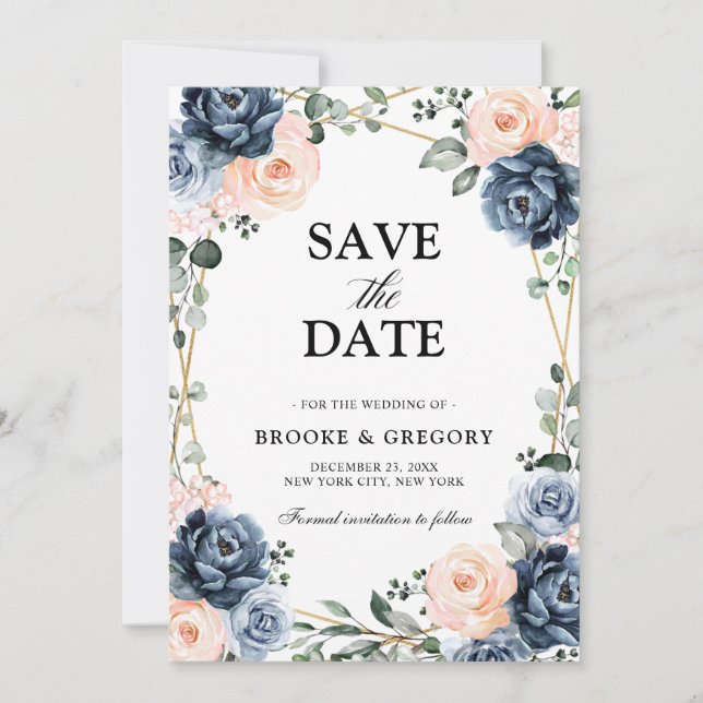 Save The Date Mariage floral géométrique bleu foncé Sa (Devant)