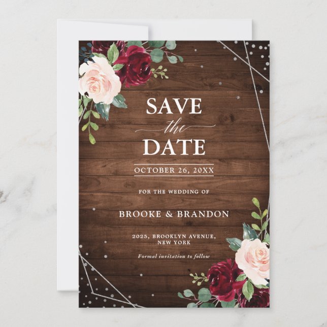 Save The Date Mariage Floral Géométrique Bois Rustique Bourgogne (Devant)