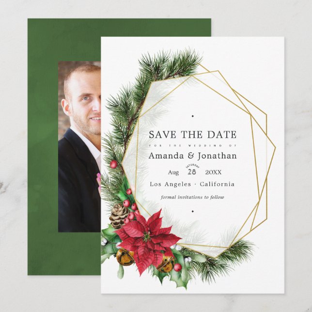 Save The Date Mariage Floral Géométrique de Noël à l'Aquarelle (Devant / Derrière)