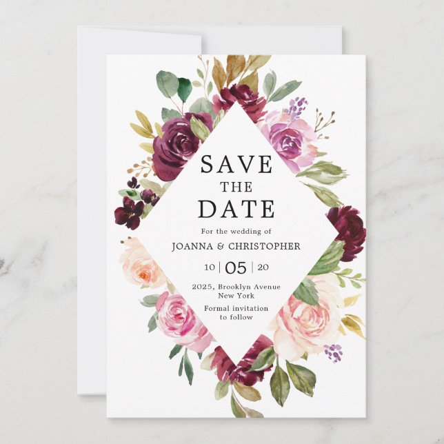Save The Date Mariage floral géométrique rose prune pourpre blus (Devant)