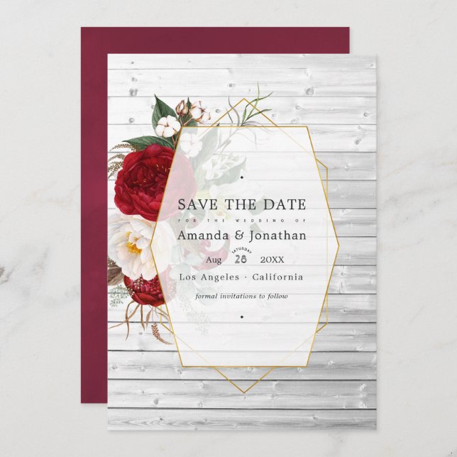 Save The Date Mariage Floral Géométrique Rustique Bourgogne et B (Devant / Derrière)