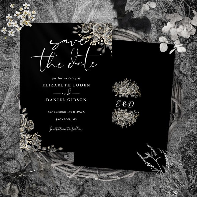Save The Date Mariage Floral Gothique Noir Et Blanc Monogramme (Black And White Gothic Floral Monogram Wedding Save The Date)