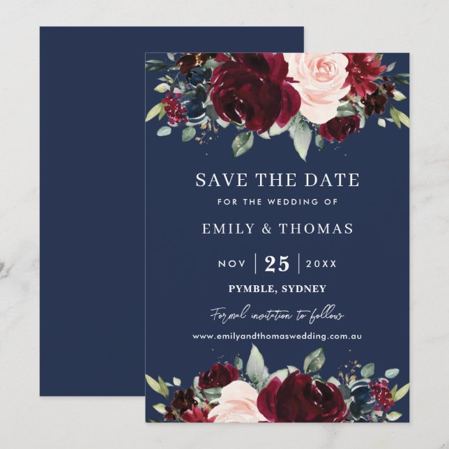 Save The Date Mariage Floral Greenery Marine Rouge Rustique (Devant / Derrière)