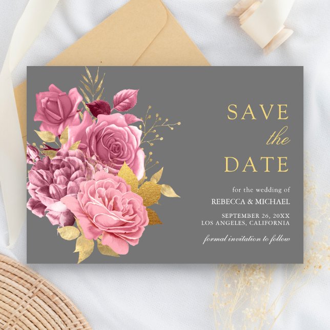 Save The Date Mariage floral gris doré mauve rose (Créateur téléchargé)