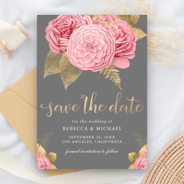 Save The Date Mariage Floral Gris Rustique Poussiéreux Rose Doré (Créateur téléchargé)