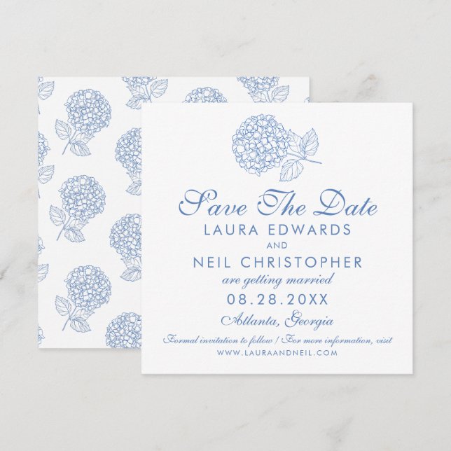 Save The Date Mariage Floral Hydrangea Dusty bleu moderne (Devant / Derrière)
