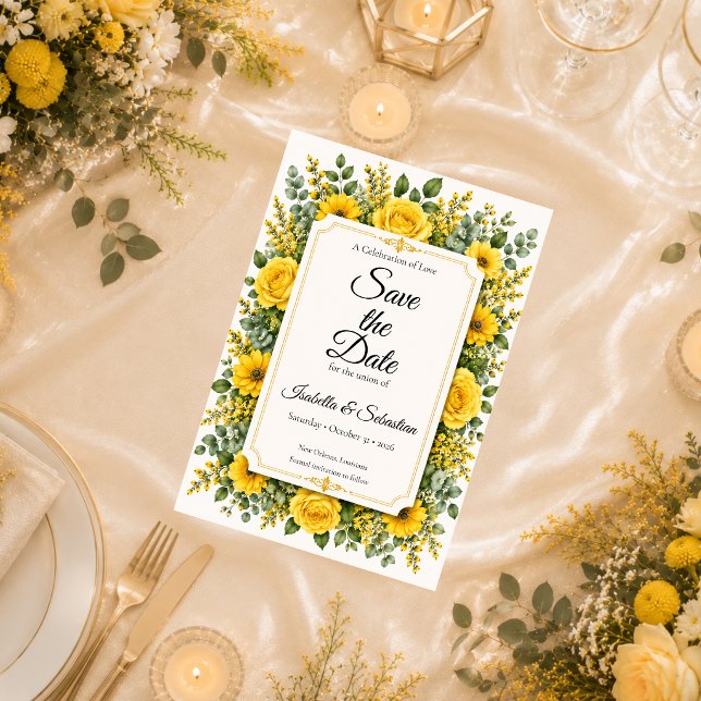 Save The Date Mariage Floral Jaune Élégant (Créateur téléchargé)