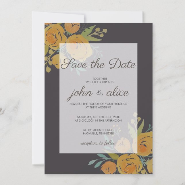 Save The Date Mariage floral jaune et Brown (Devant)