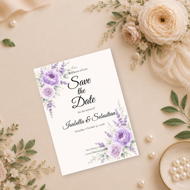 Save The Date Mariage Floral Lavande Élégant (Créateur téléchargé)