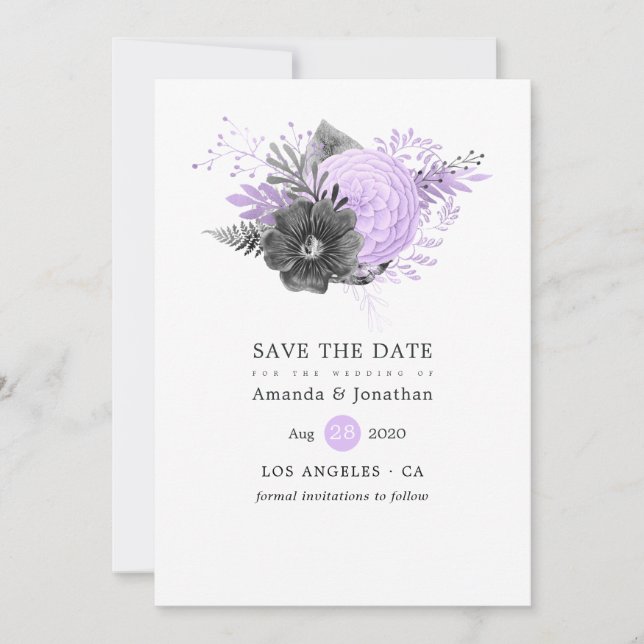 Save The Date Mariage Floral Lilas et Charbon (Devant)
