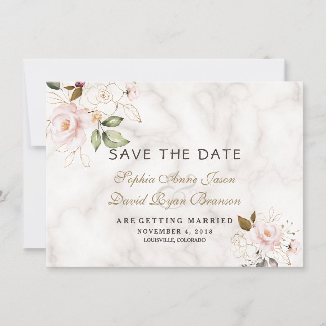 Save The Date Mariage Floral Marbre Rose Charm Blush Or (Devant)