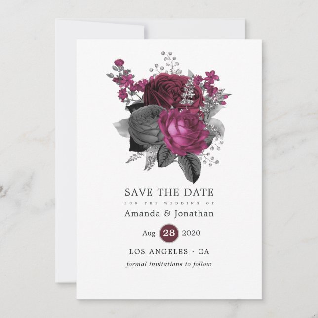 Save The Date Mariage floral Marsala, noir et argent (Devant)