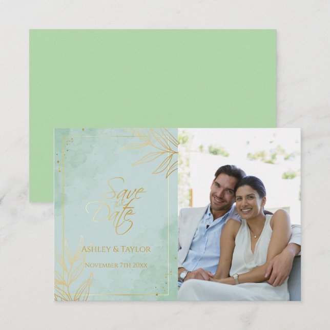 Save The Date Mariage floral Mint & Gold (Devant / Derrière)
