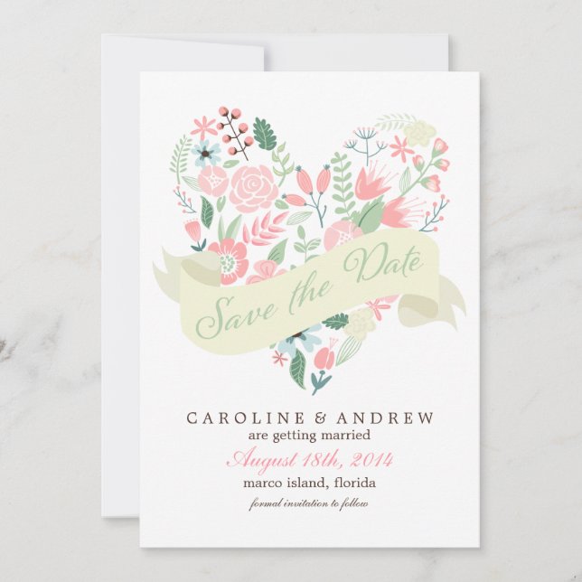 Save The Date Mariage floral moderne au coeur Enregistrer la dat (Devant)