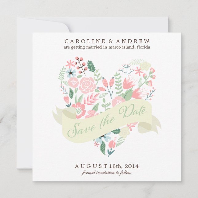 Save The Date Mariage floral moderne au coeur Enregistrer la dat (Devant)
