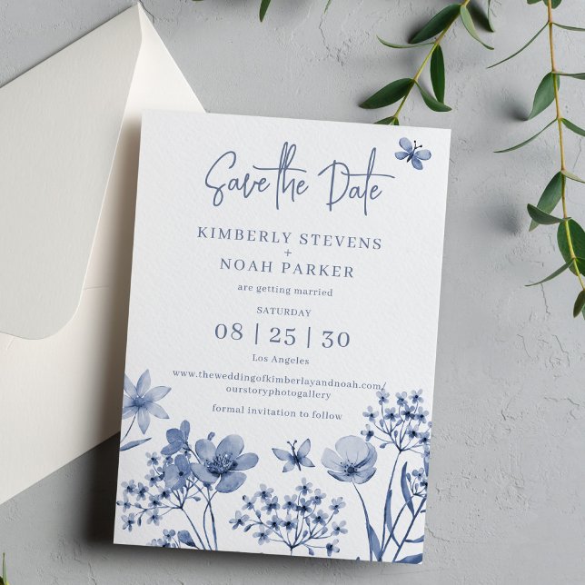 Save The Date Mariage floral moderne bleu poussiéreux simple (Créateur téléchargé)
