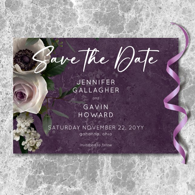 Save The Date Mariage Floral Moderne Élégant Violet Prune (Plum Purple Elegant Floral Modern Wedding Save The Date)