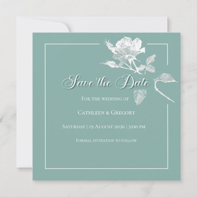 Save The Date Mariage Floral Moderne Roses Blanches Sauge Verte (Devant)