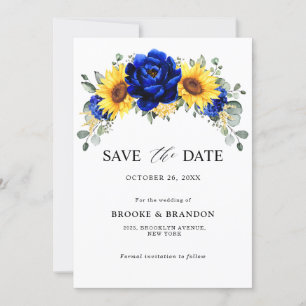 Save The Date Mariage Floral Moderne Tournesol Rustique Bleu Roy