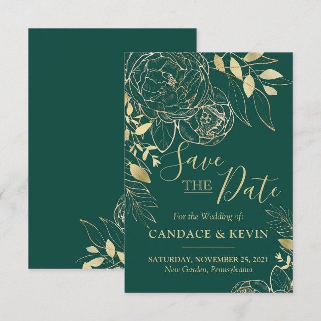 Save The Date Mariage Floral Moderne Vert Émeraude et Or (Devant / Derrière)