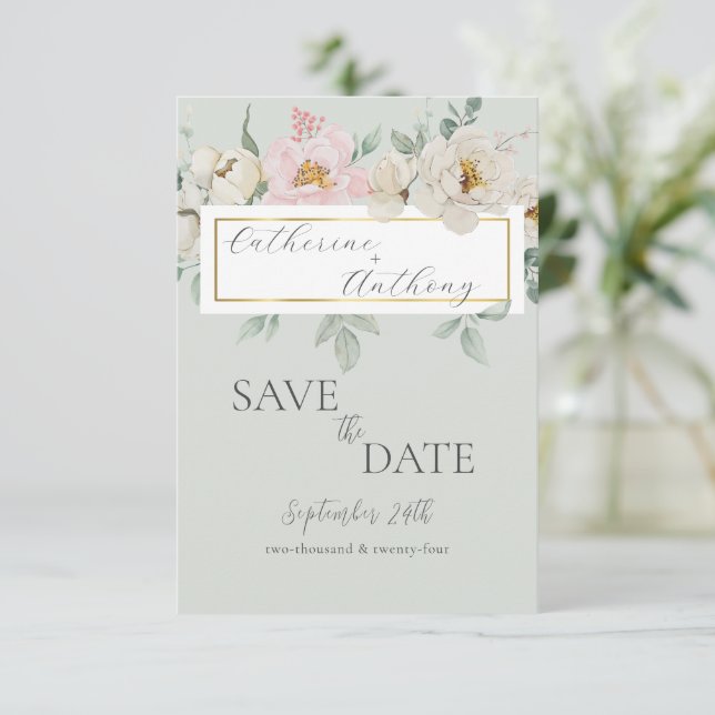 Save The Date Mariage Floral Moderne Vert Or  (Debout devant)