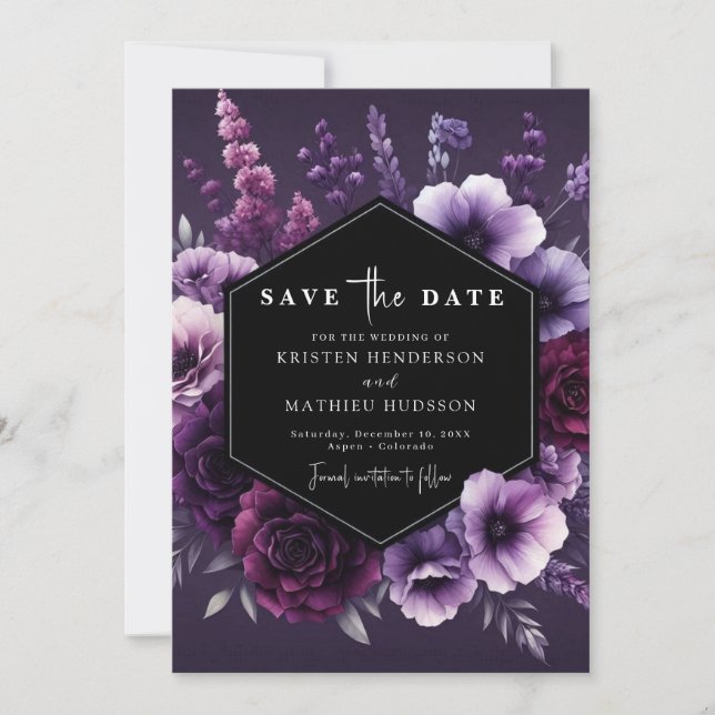 Save The Date Mariage floral moderne violet lunaire (Devant)