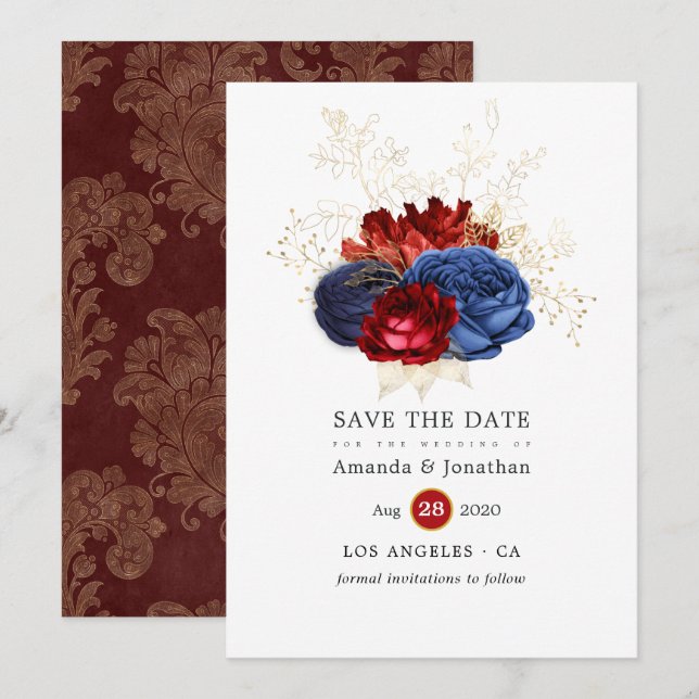 Save The Date Mariage floral Navy, Rouge et Or (Devant / Derrière)