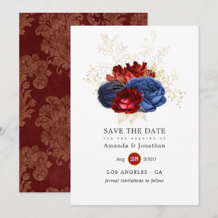 Save The Date Mariage floral Navy, Rouge et Or