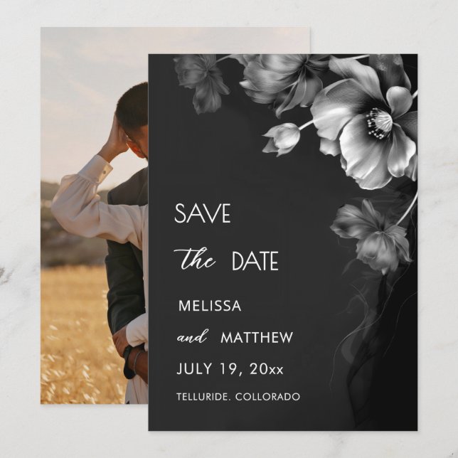 Save The Date Mariage Floral Noir Argent (Devant / Derrière)