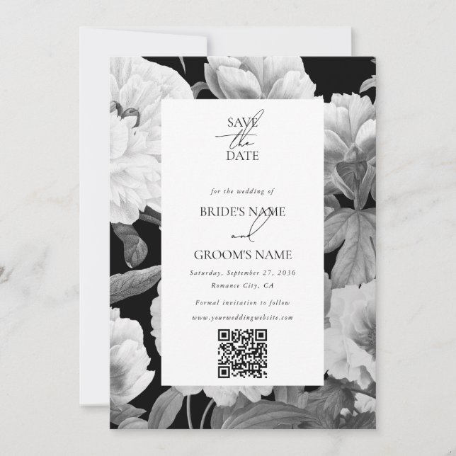 Save The Date Mariage floral noir et blanc Peonies d'aquarelle (Devant)