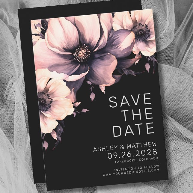 Save The Date Mariage Floral Noir et Rose (Botanical Modern Elegant Black Pink Floral Wedding Save the Date)