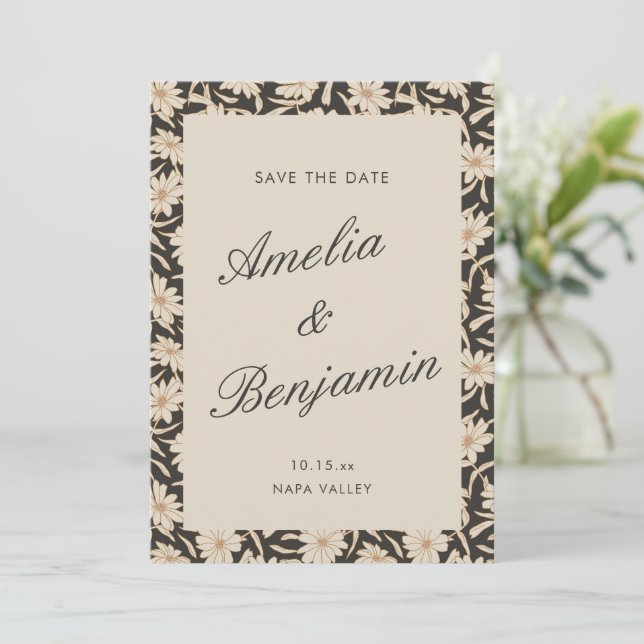Save The Date Mariage Floral Noir Ivoire Script (Debout devant)