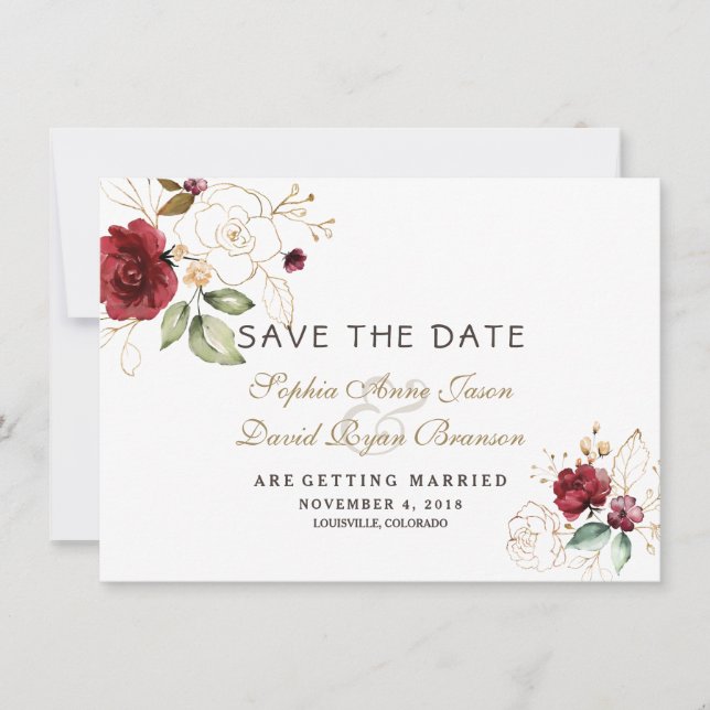 Save The Date Mariage Floral Or Bourgogne Enregistrer La Date (Devant)
