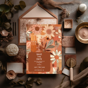 Save The Date Mariage floral orange brûlé rétro groovy