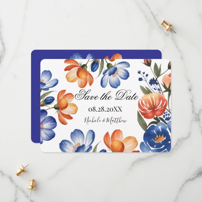 Save The Date Mariage Floral Orange et Bleu Cobalt (Devant/Arrière en situation)
