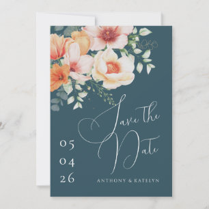 Save The Date Mariage floral orange et bleu Turquoise