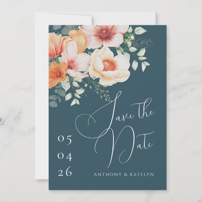 Save The Date Mariage floral orange et bleu Turquoise (Devant)