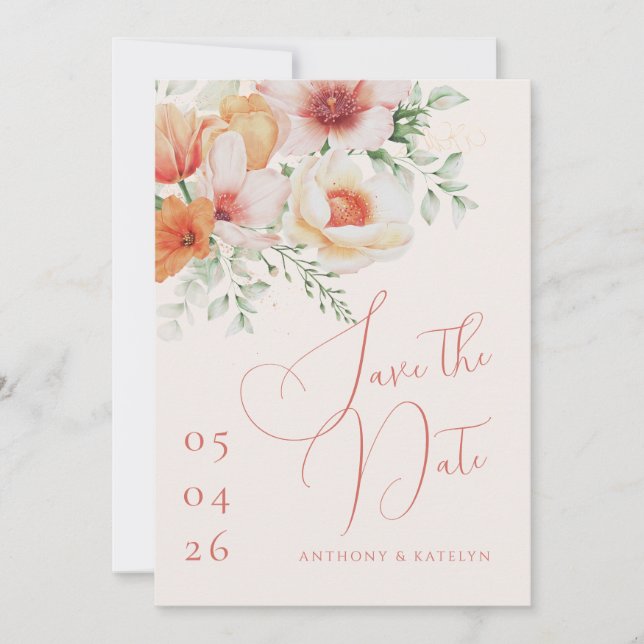 Save The Date Mariage Floral Orange Printemps Été Pêche (Devant)