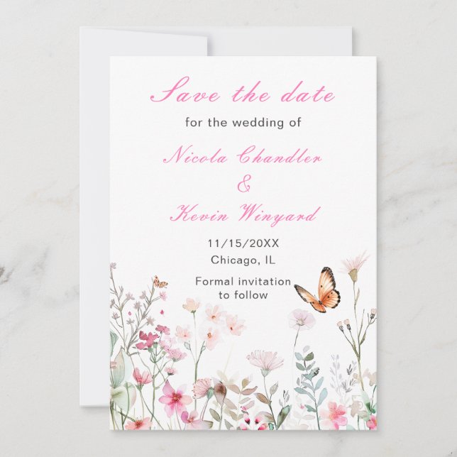 Save The Date Mariage Floral Papillon Rose Foncé de Printemps (Devant)