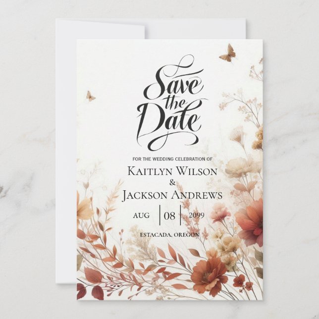Save The Date Mariage Floral Papillons Boho Brun (Devant)