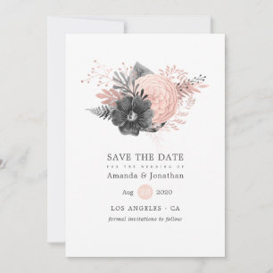 Save The Date Mariage floral pastel rose et charbon